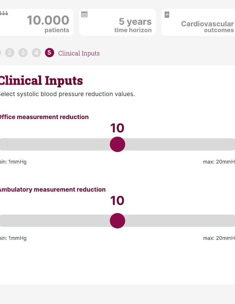 Cropped interface screen with clinical input sliders for a hypertension impact calculator